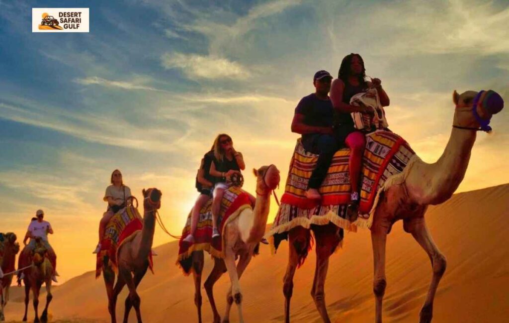 Tourists enjoying camel ride during Evening Desert Safari with BBQ Dinner