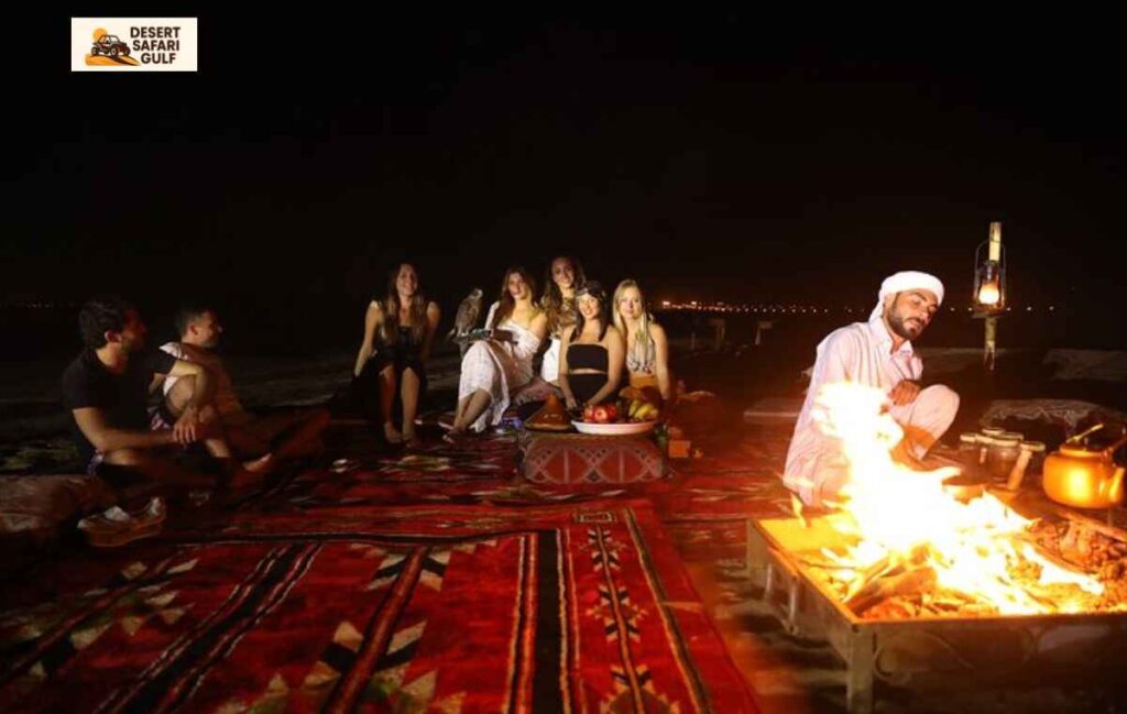 Traditional BBQ dinner setup at Dubai Evening Desert Safari campsite