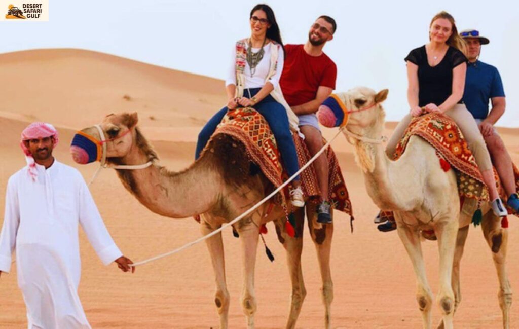 Family enjoying Dubai desert safari camel ride