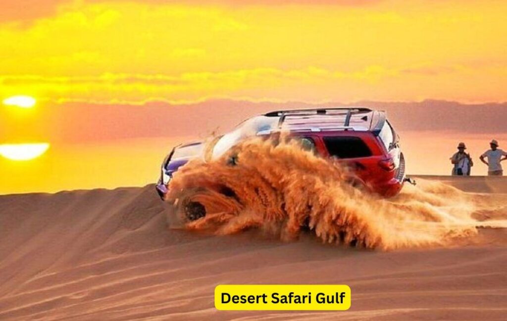 Red dune desert safari Dubai with 4x4 Land Cruiser on crimson sand dunes in Lahbab