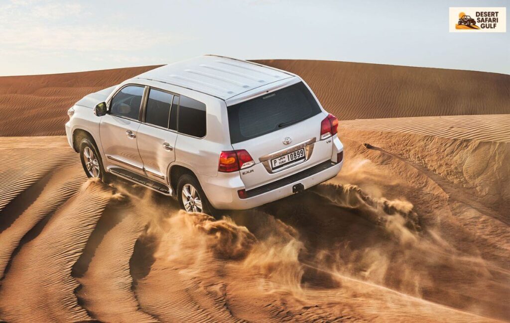 Dubai desert safari sunset view with 4x4 Land Cruiser