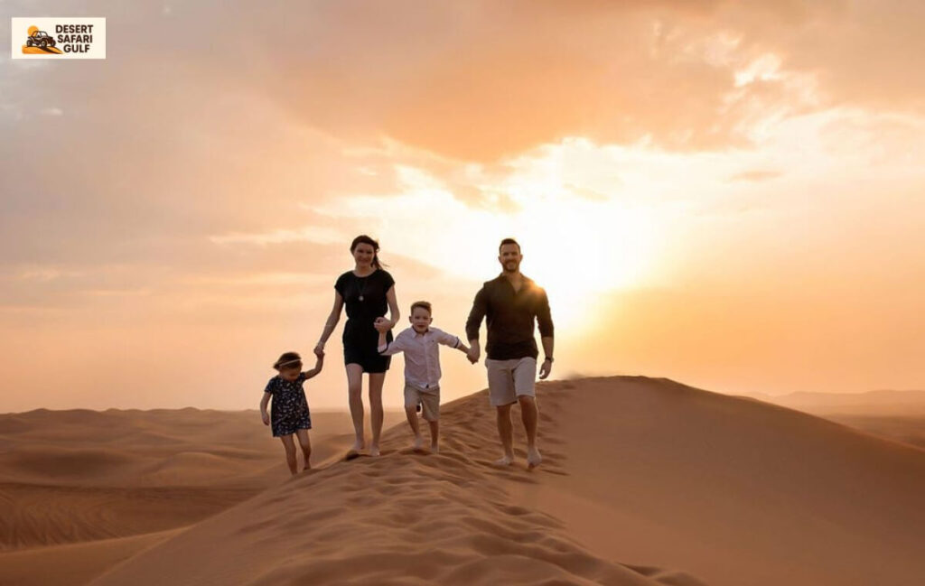 Family enjoying gentle dune bashing during Dubai desert safari 2025 with Desert Safari Gulf