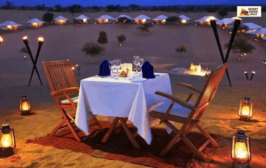 Private romantic desert safari setup with candlelight dinner in Dubai