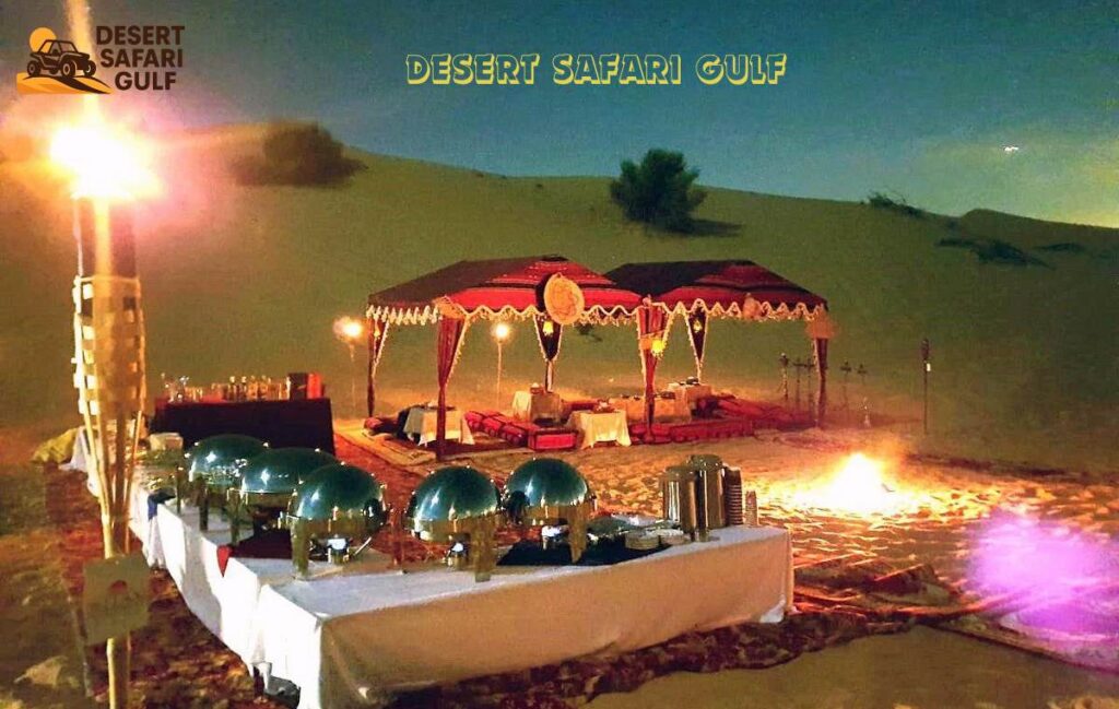 Traditional Bedouin-style camp setup for overnight desert safari Dubai experience