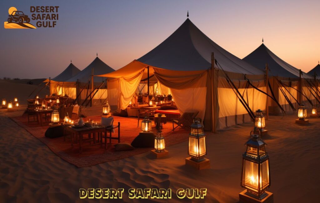 Traditional Bedouin-style camp setup for overnight desert safari Dubai experience